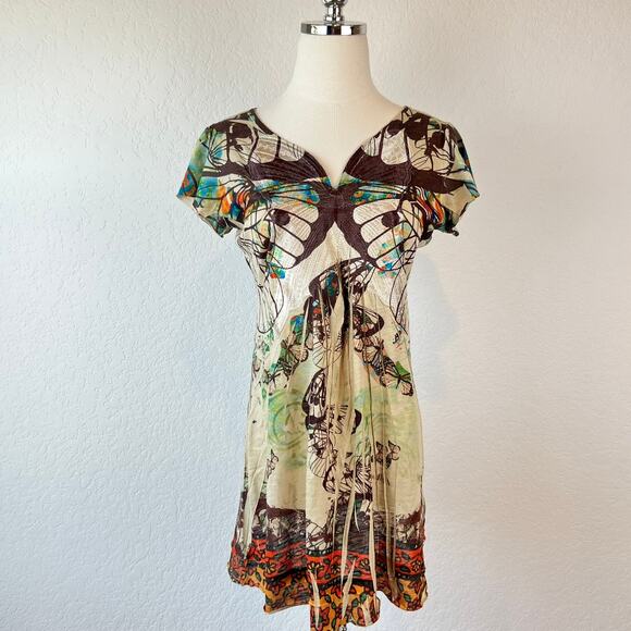 One World Butterfly Tunic Top size Small Boho Fairy Short Sleeve Earthy - Picture 1 of 8